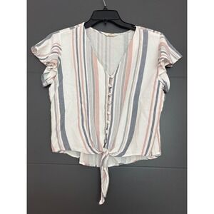 Sim & Sam Womens Striped Button Front Tie Hem Flutter Sleeve Blouse Top Large